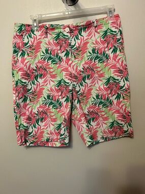 Talbots Pink & Green Tropical Print Flat Front Shorts Resort Cruise Beach BBQ